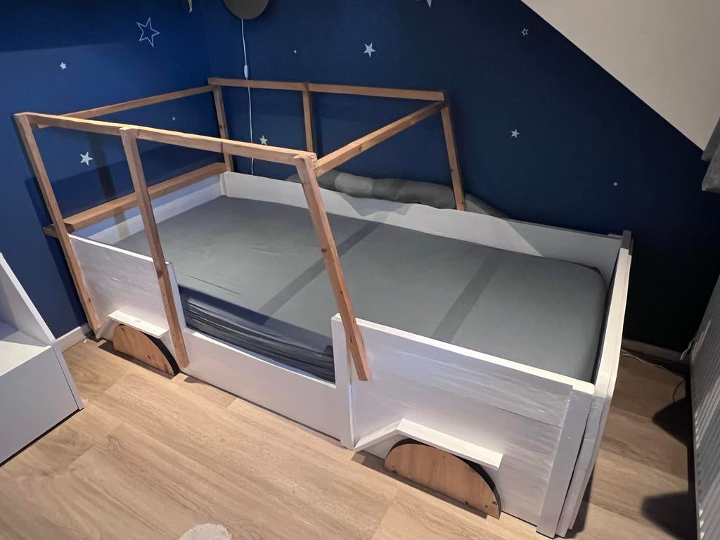 Steigerhouten autobed 1 persoons incl. lattenbodem, Ophalen, Gebruikt, 70 tot 85 cm, Lattenbodem