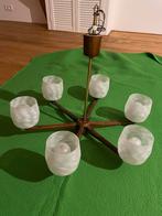 Vintage 6-armige houten Deense design hanglamp kroonluchter, Ophalen of Verzenden, Zo goed als nieuw, Glas