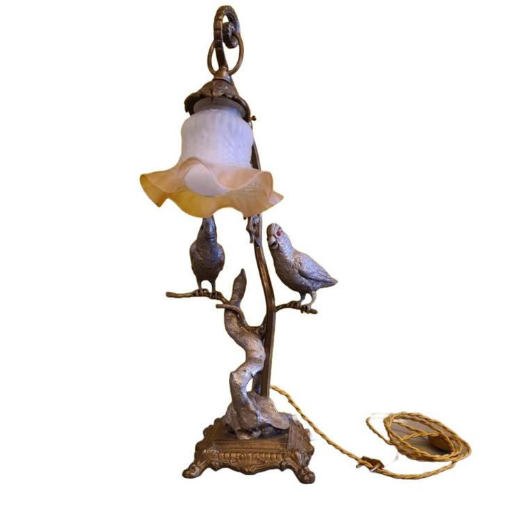 Maison Jansen stijl tafellamp met vogels circa 1960, Huis en Inrichting, Lampen | Tafellampen, Gebruikt, Minder dan 50 cm, Glas