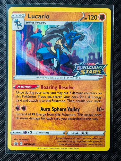 Pokémon Lucario SWSH186 Black Stars Promos (stamp), Hobby en Vrije tijd, Verzamelkaartspellen | Pokémon, Zo goed als nieuw, Losse kaart