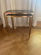 Bijzettafel bijzettafeltje messing goud rookglas, Minder dan 55 cm, Gebruikt, Rond, Glas