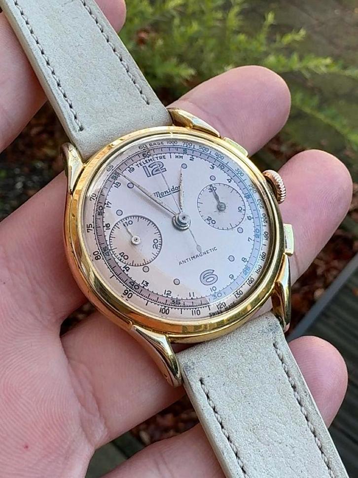 Montdor Chronograph | salmon dial | service 2025 | 37mm, Sieraden, Tassen en Uiterlijk, Horloges | Heren, Gebruikt, Polshorloge