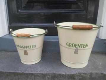 Emaillen emmers crème groen 2x Aardappelen en Groenten emmer beschikbaar voor biedingen
