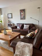 Mooie set van 2 donkerbruune leren bankjes, Huis en Inrichting, Ophalen, Gebruikt, Rechte bank, Minder dan 150 cm