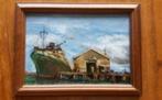 Olieverf vissersschip aan kade met loods vissersboot., Antiek en Kunst, Kunst | Schilderijen | Klassiek, Ophalen