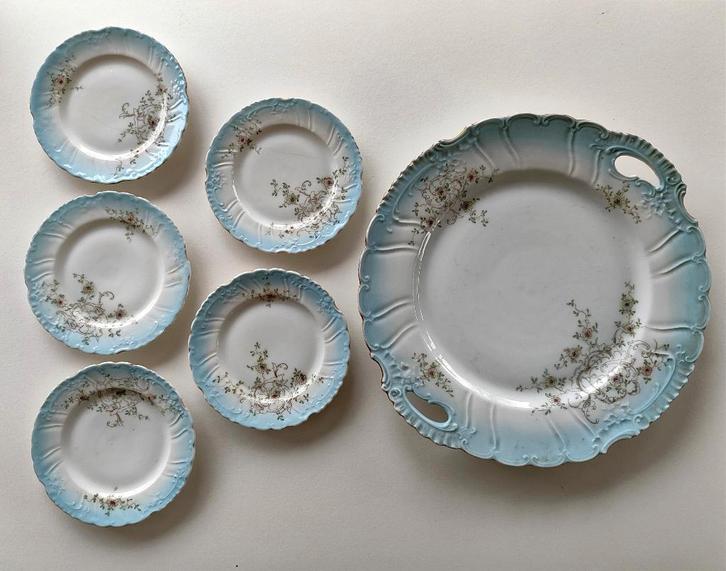 Gebak-servies: taartbord + 5 schoteltjes, Schlackenwerth, Antiek en Kunst, Antiek | Servies los, Ophalen