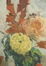 Piet van Wijngaerdt- Chysanten in groen glas - olieverf doek, Ophalen
