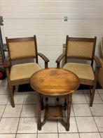vintage set - 2 fauteuils met tafeltje, Huis en Inrichting, Fauteuils, Gebruikt, Hout, Ophalen