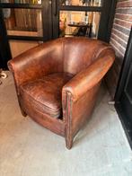 Stoere Vintage Schapenleren Fauteuil, Gebruikt, Minder dan 75 cm, Leer, 75 tot 100 cm
