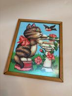 Vintage Schilderij Kat en Vogel, Ophalen of Verzenden