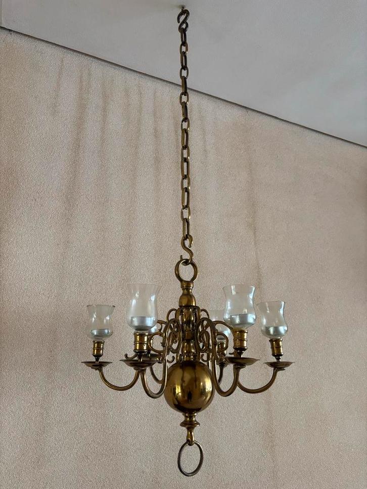 Antieke Messing Kroonluchter, Huis en Inrichting, Lampen | Hanglampen, Gebruikt, 75 cm of meer, Glas, Ophalen