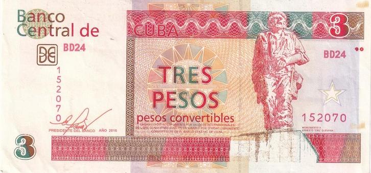Cuba 3 pesos convertible 2016, Postzegels en Munten, Bankbiljetten | Amerika, Los biljet, Midden-Amerika, Verzenden