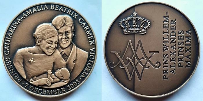 Geboorte Prinses Amalia, 2003, Postzegels en Munten, Penningen en Medailles, Brons, Nederland, Verzenden