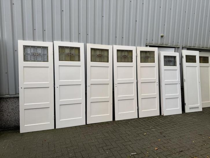 Prachtset antieke paneeldeuren met glas in lood, Doe-het-zelf en Verbouw, Deuren en Horren, Zo goed als nieuw, Binnendeur, Glas