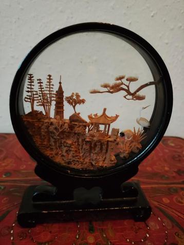 Prachtig vintage Chinees diorama van handgesneden kurk  beschikbaar voor biedingen