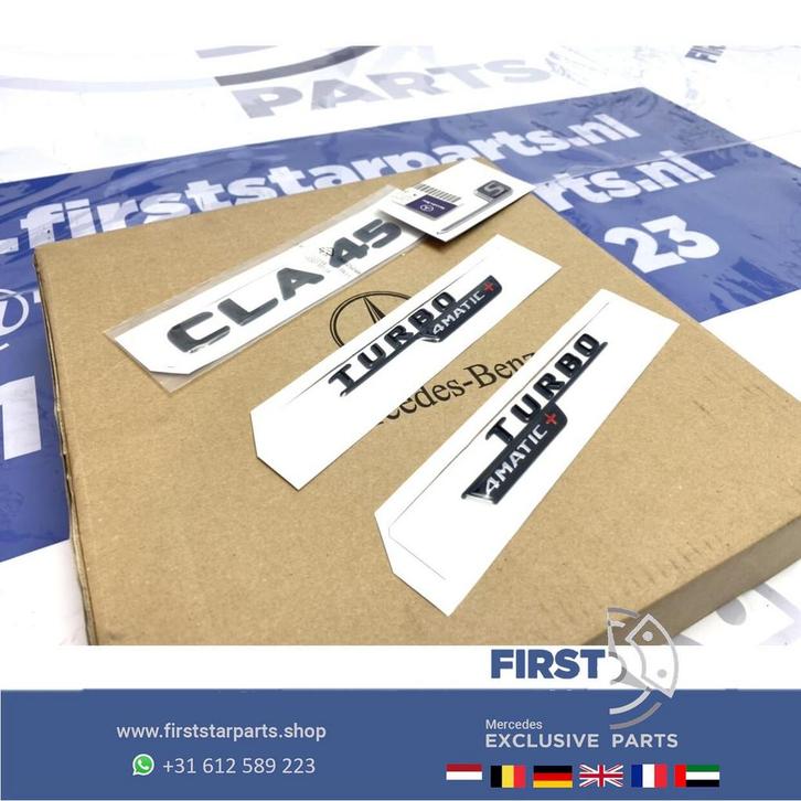 W118 CLA45S AMG LOGO SET ZWART Turbo 4matic + emblemen CLA K, Auto-onderdelen, Carrosserie en Plaatwerk, Mercedes-Benz, Gebruikt