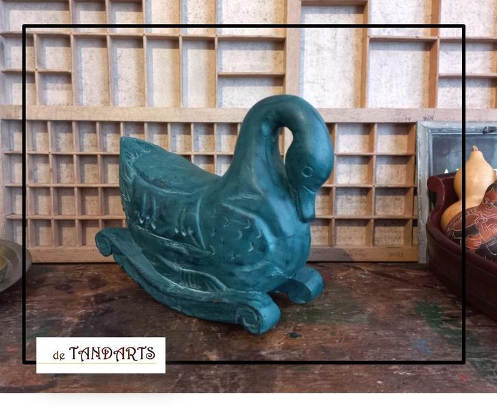 Groen houten eend, India - 24 cm lang, Antiek en Kunst, Kunst | Beelden en Houtsnijwerken, Ophalen of Verzenden