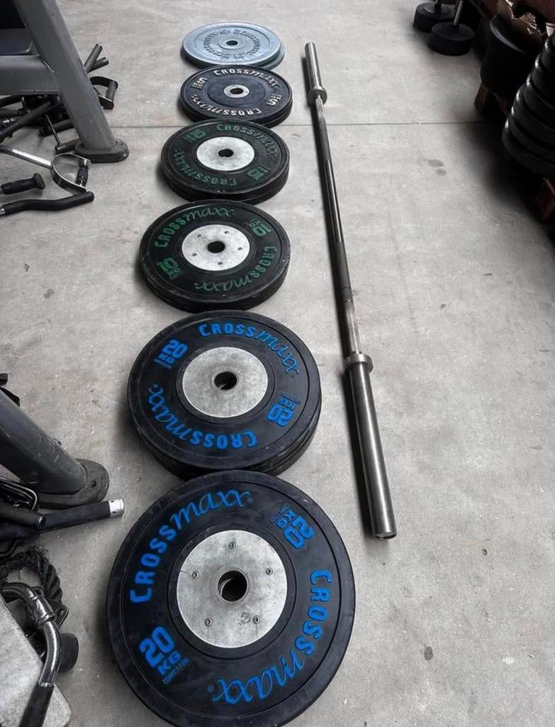 135kg Crossmaxx Competitie Bumperplates , Halterstang 220cm, Sport en Fitness, Fitnessmaterialen, Ophalen, Gebruikt, Halterschijven