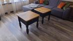 2x Teakhouten bijzet tafeltjes, Minder dan 55 cm, Gebruikt, Vierkant, Hout
