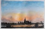 Aquarel Schilderij - Stadsgezicht Kampem bij Zonsondergang, Antiek en Kunst, Kunst | Tekeningen en Foto's, Ophalen of Verzenden