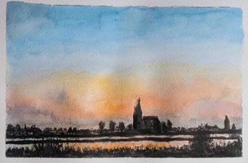 Aquarel Schilderij - Stadsgezicht Kampem bij Zonsondergang beschikbaar voor biedingen
