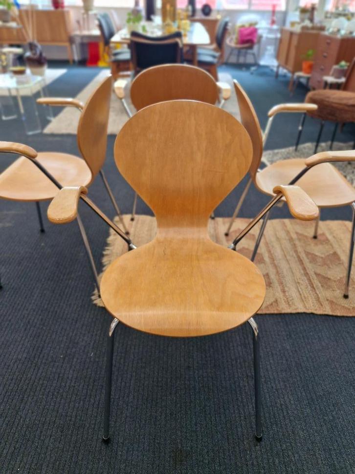 Vintage eetkamerstoelen (4) Deens 70s, Huis en Inrichting, Stoelen, Gebruikt, Vier, Bruin, Ophalen