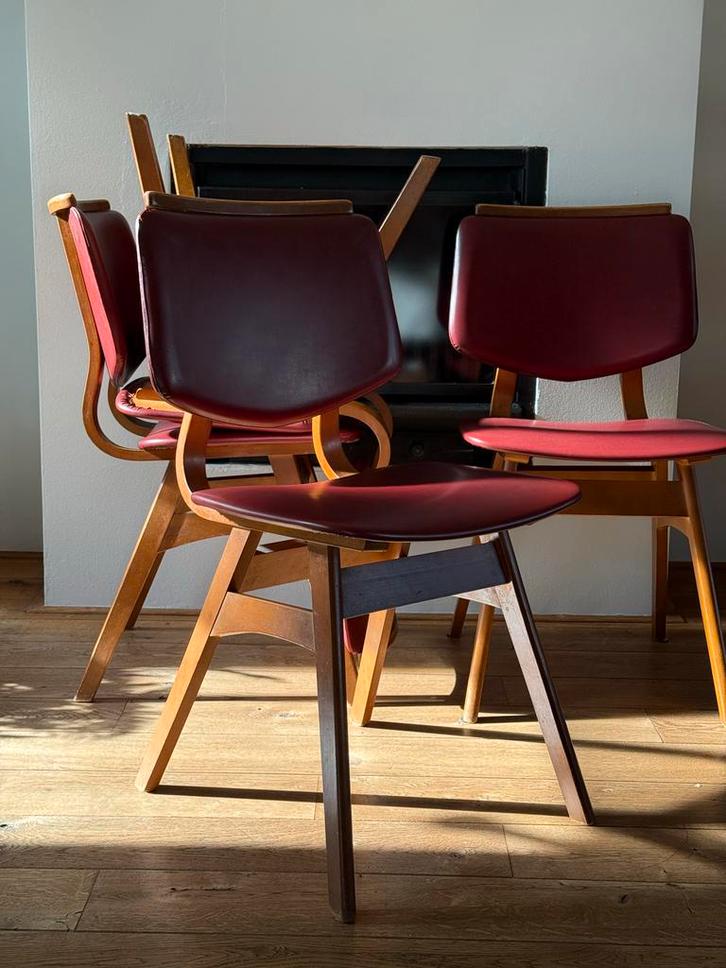 4x Eetkamerstoelen, Midcentury Modern | jaren 60 | Vintage, Huis en Inrichting, Stoelen, Gebruikt, Vier, Hout, Bruin, Ophalen