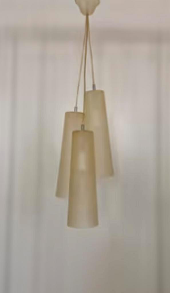 Vintage fiberglas 3lichts hanglamp; cluster hanglamp, Huis en Inrichting, Lampen | Hanglampen, Gebruikt, 50 tot 75 cm, Glas, Ophalen of Verzenden