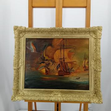 Olieverf schilderij 64x56cm Zeegevecht oorlogsschepen beschikbaar voor biedingen