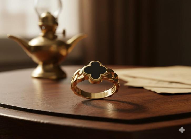 16787 Charmante 14K Gouden Klavertje Vier Ring met Onyx, Sieraden, Tassen en Uiterlijk, Ringen, Zo goed als nieuw, Dame, Kleiner dan 17