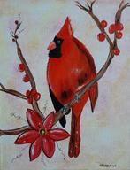 Vogel de Rode Kardinaal schilderij in vrolijk acryl canvas, Ophalen of Verzenden