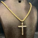 14k gouden ketting rope schakel met kruis hanger, Sieraden, Tassen en Uiterlijk, Kettingen, Ophalen of Verzenden, Nieuw, Goud