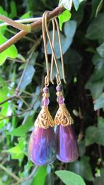 Oorbellen Purple Oil glasdruppel-swarovski parel-glas goud, Hangers, Paars, Nieuw, Goud