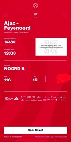 2 kaarten Ajax - feyenoord, 1e ring! (Rij 19) naast elkaar!, Tickets en Kaartjes, Twee personen, December