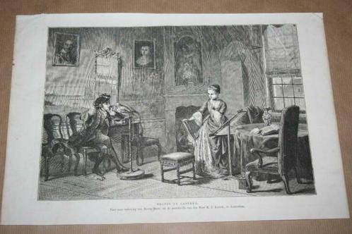 Antieke gravure - Man en vrouw met papegaai (David Bles), Antiek en Kunst, Kunst | Etsen en Gravures, Ophalen of Verzenden