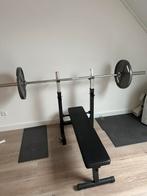 Olympische halterstang incl bank en gewichten 110kg, Ophalen, Zo goed als nieuw, Fitnessbank