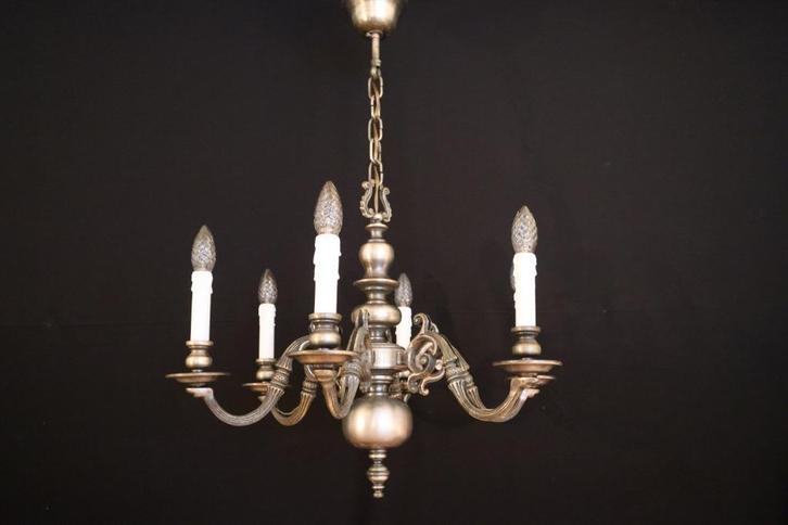Oude franse kroonluchter zilver vernikkeld 6 lichtpunten, Huis en Inrichting, Lampen | Kroonluchters, Gebruikt, Ophalen