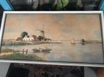 aquarel zeil boot mensen molen water landschap, Antiek en Kunst, Kunst | Schilderijen | Klassiek, Ophalen of Verzenden