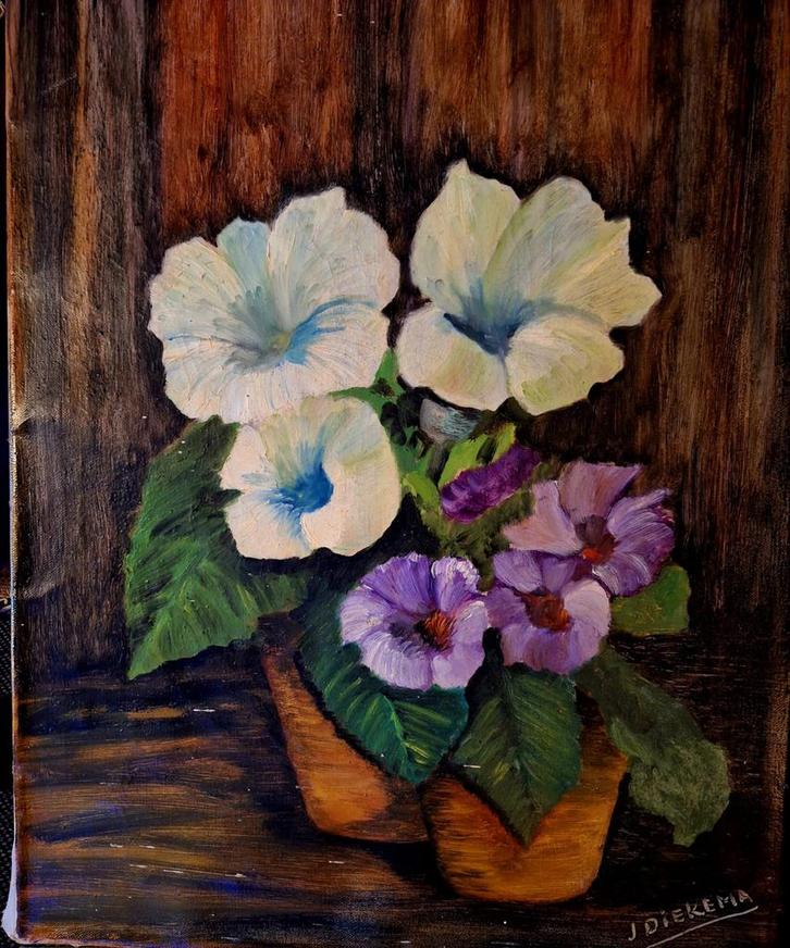 Bloemenstilleven door J. Diekema, Antiek en Kunst, Kunst | Schilderijen | Klassiek, Ophalen of Verzenden