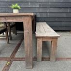 Teak tuinset - eettafel + 2 stoelen + bankje, Ophalen, Gebruikt, Teakhout, Eettafel