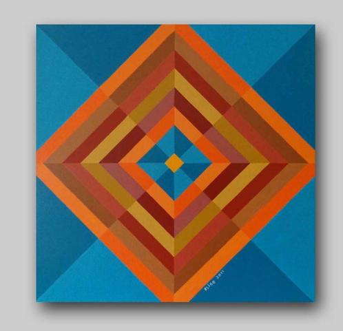 Ruitvorm in bruin, geel en oranje, met turkoois, Antiek en Kunst, Kunst | Schilderijen | Abstract, Ophalen
