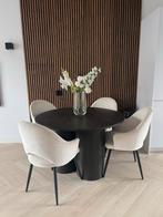 Ronde donkerbruine eettafel Woood Oona + 4 stoelen, Huis en Inrichting, Tafels | Eettafels, Ophalen, Rond, Tot twee personen, 50 tot 100 cm
