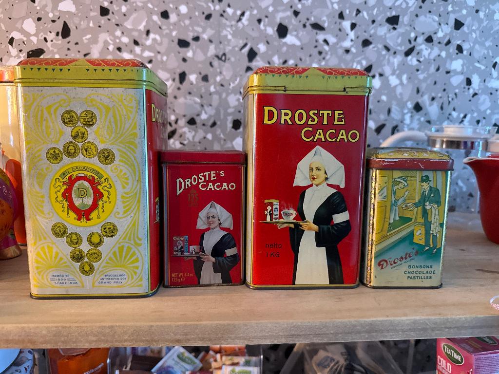 Vintage Droste cacao blikken set van 4 origineel &, Ophalen of Verzenden, Gebruikt, Overige, Droste
