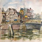 Oude aquarel: stadsgezicht, Ophalen of Verzenden