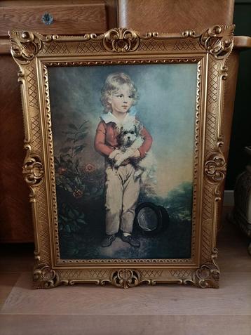 Vintage XL "schilderij" meisje met hond. beschikbaar voor biedingen