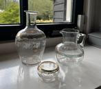 Set glazen karaf, kan en zoutvaatje met emaille versiering, Ophalen of Verzenden
