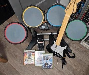 Xbox 360 Rockband Guitar Hero Drumstel + Gitaar + 3 spellen beschikbaar voor biedingen