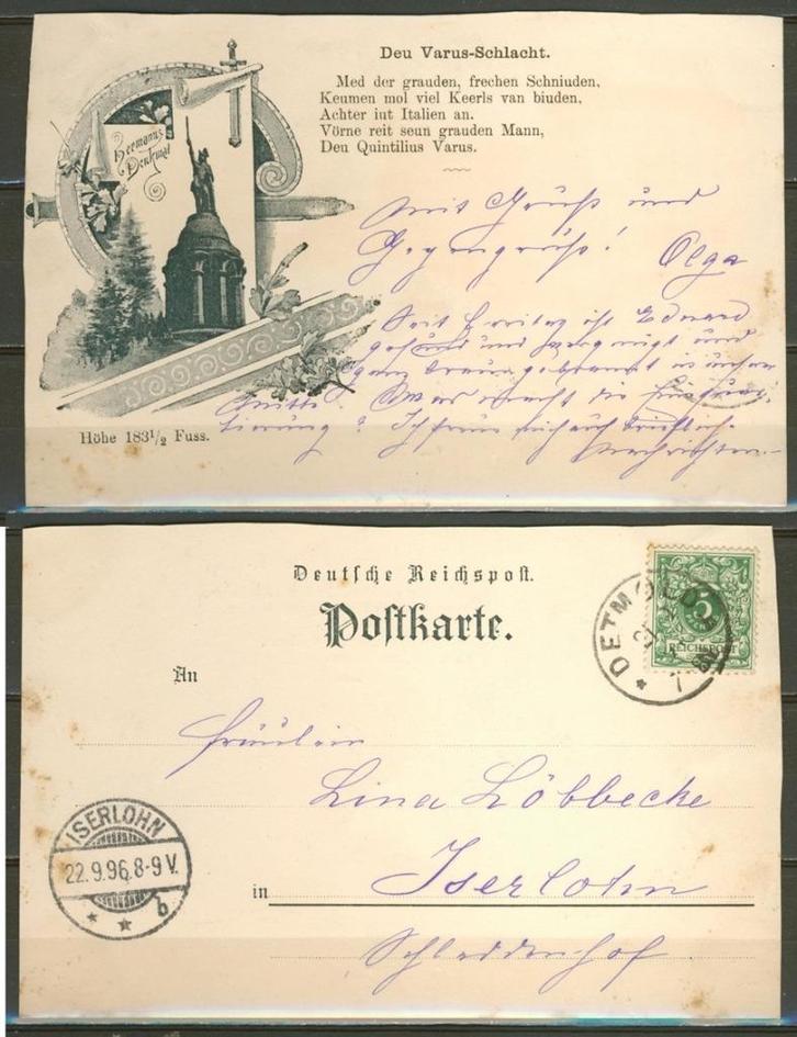 Hermannsdenkmal 1896 Reichspost Ansichtkaart f-39b jdu, Verzamelen, Ansichtkaarten | Buitenland, Gelopen, Duitsland, Voor 1920