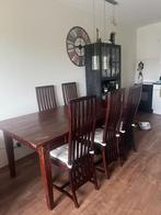 Houten eettafel met zes stoelen, Ophalen, Gebruikt, 200 cm of meer, 50 tot 100 cm