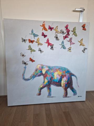 Canvas schilderij olifant met 3D vlinders 95x95 cm beschikbaar voor biedingen